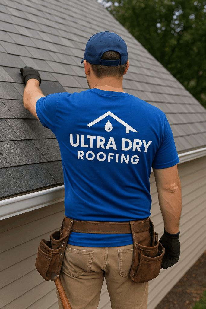 Roofer in Indianapolis wearing an Ultra Dry Roofing shirt installing shingles on a residential roof